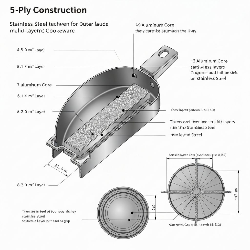 5-ply stainless steel construction layers diagram showing aluminum core